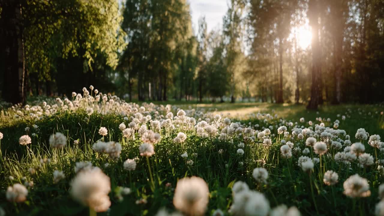 A Serene Meadow Awash with Delicate Dandelions Under Golden Sunlight: Capturing the Essence of Nature's Tranquility and Beauty in Early Evening Light