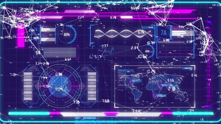 Animation of network of connections and data processing on interface