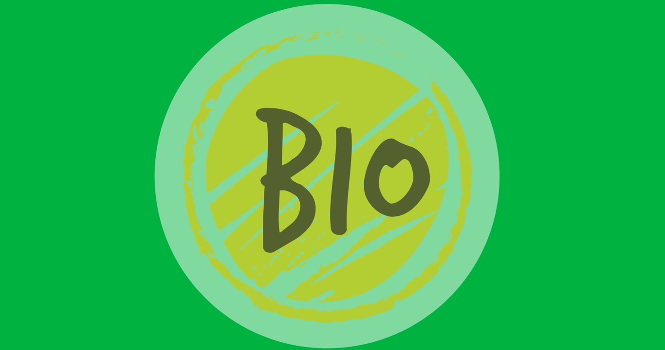 Digital animation af 'bio' over et gråt og grønt rundt banner på sort baggrund