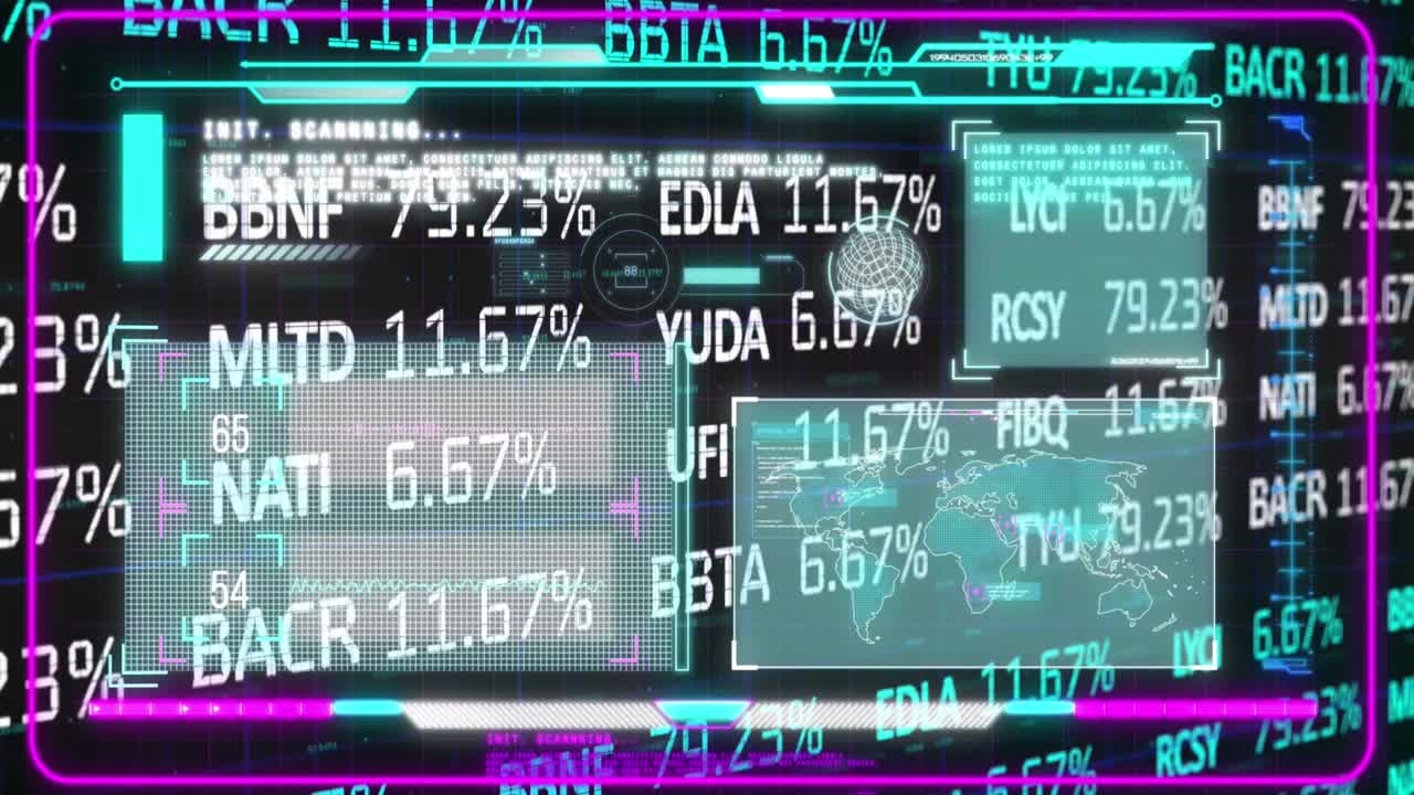 검은색 배경에 대한 인포그래픽 인터페이스를 통해 거래 보드의 애니메이션