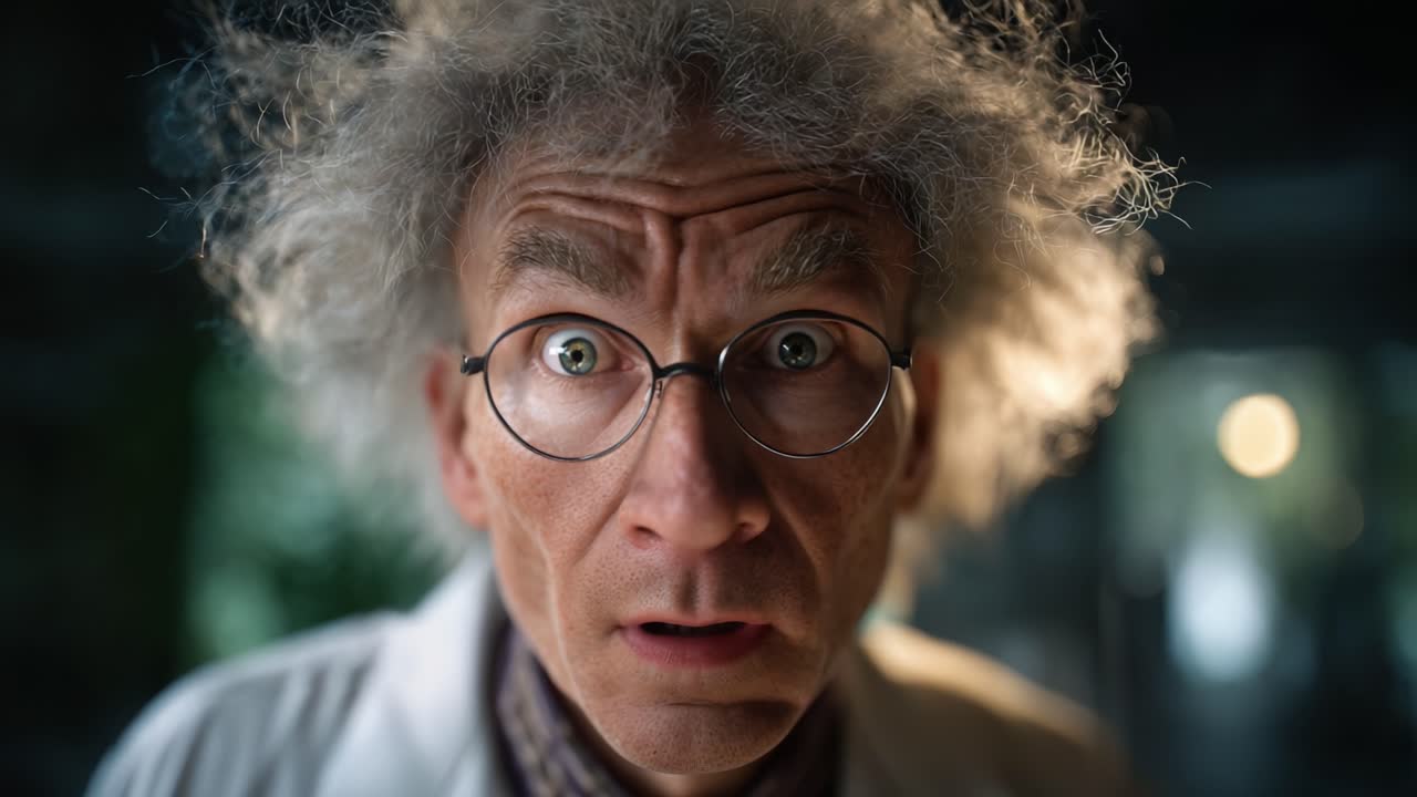 Scienziato dai capelli ribelli e dall'espressione intensa cerca risposte a domande enigmatiche in un misterioso laboratorio, pieno di incognite e curiosità