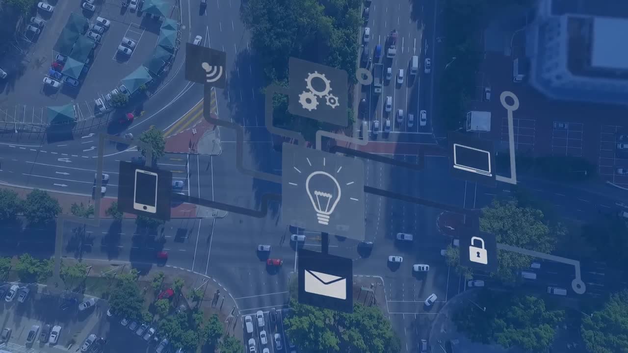 Animation of network of connections with icons over cityscape