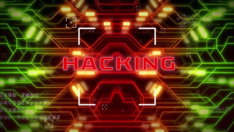 Animation of hacking text and data processing over circuit board