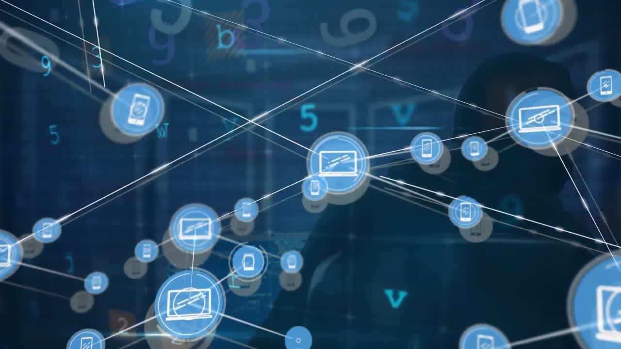 animación de la red de conexiones con iconos y procesamiento de datos sobre la sala de servidores y hacker