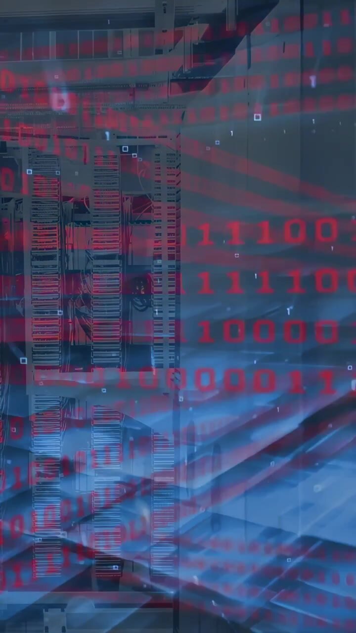 Vertical video: Red binary stream starting over rack, forming blue waves and UI for data monitoring