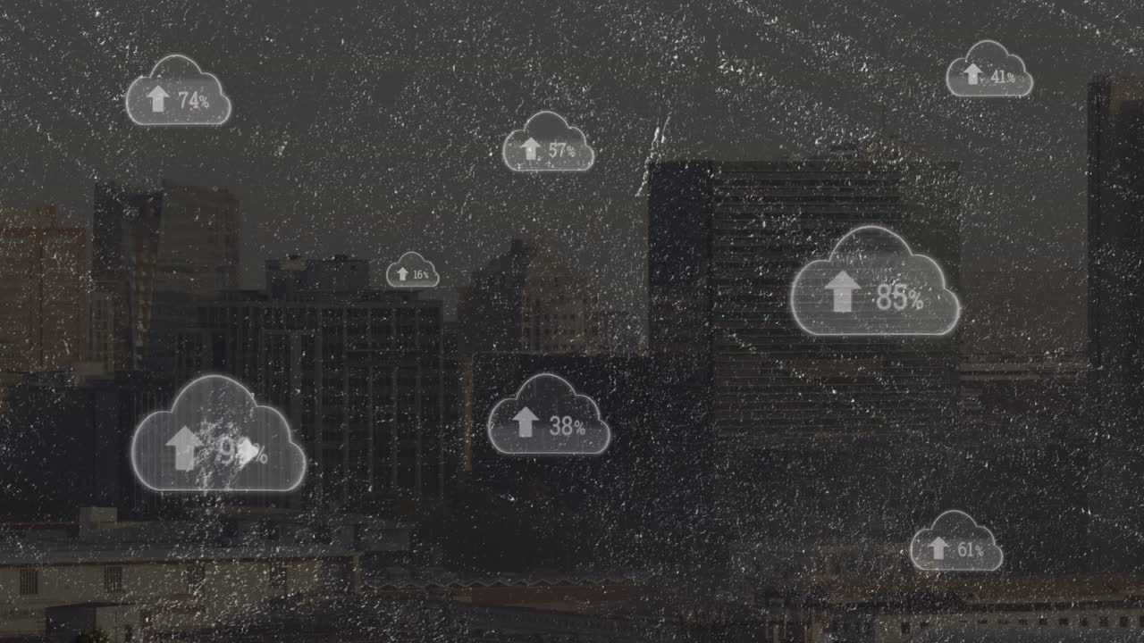 Animation of cloud icons with percentage data overlaying cityscape under rain