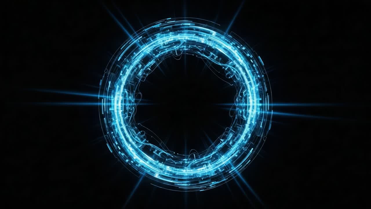 A Captivating Glimpse into an Energetic Circular Portal Illuminated with Striking Blue Light, Transmitting Futuristic Energy Waves in a Dark Environment