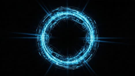 a captivating glimpse into an energetic circular portal illuminated with striking blue light, transmitting futuristic energy waves in a dark environment