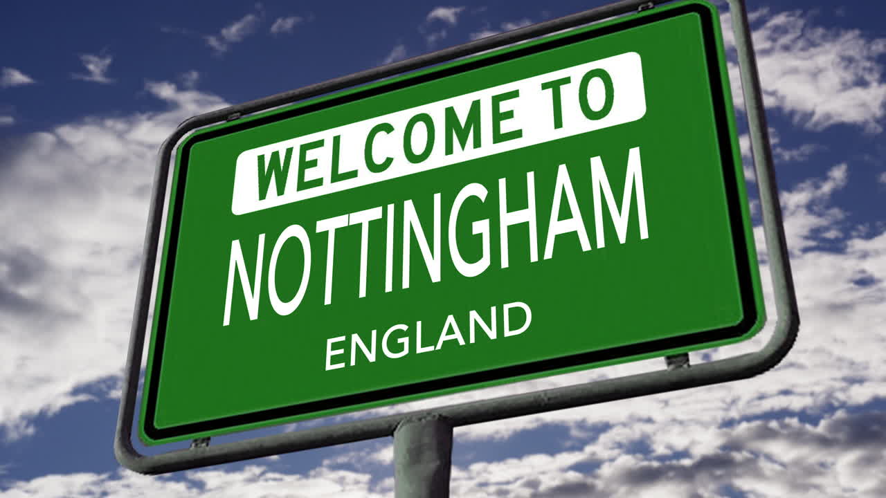 bienvenido a nottingham, inglaterra, señal de la ciudad del reino unido, animación 3d realista