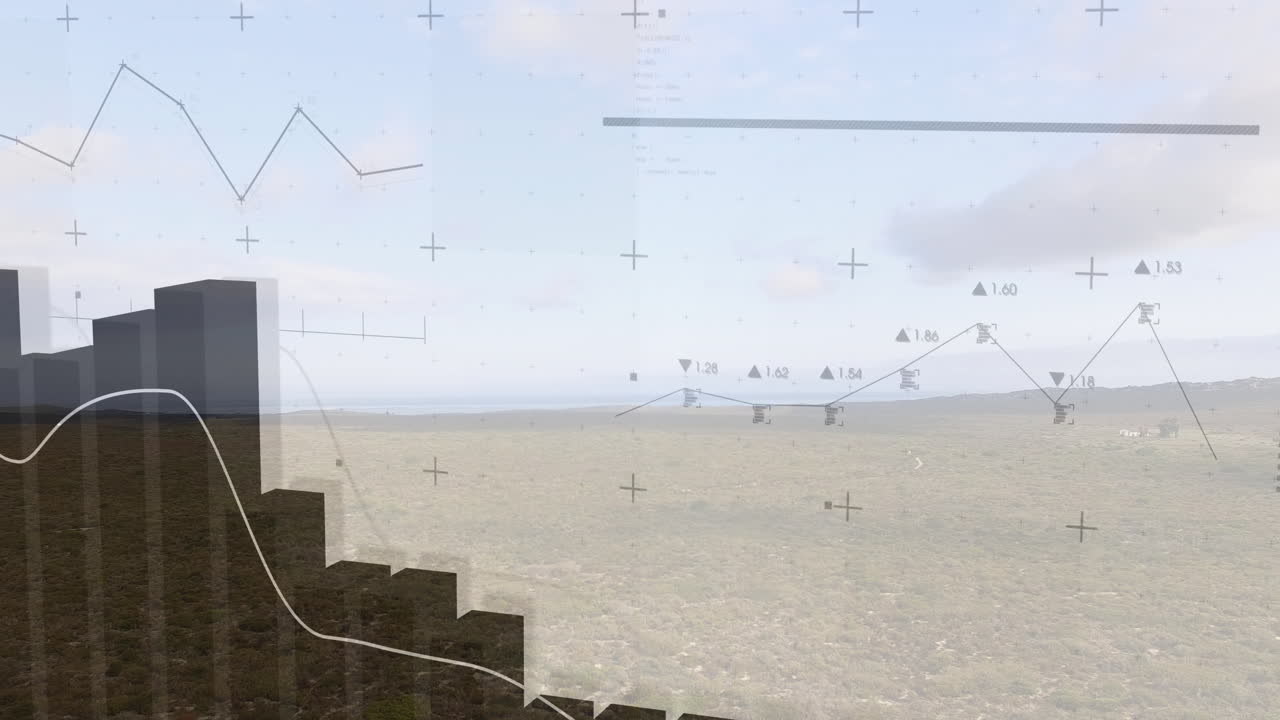 Creating animation, landscape with graph and data visualization under sky horizon