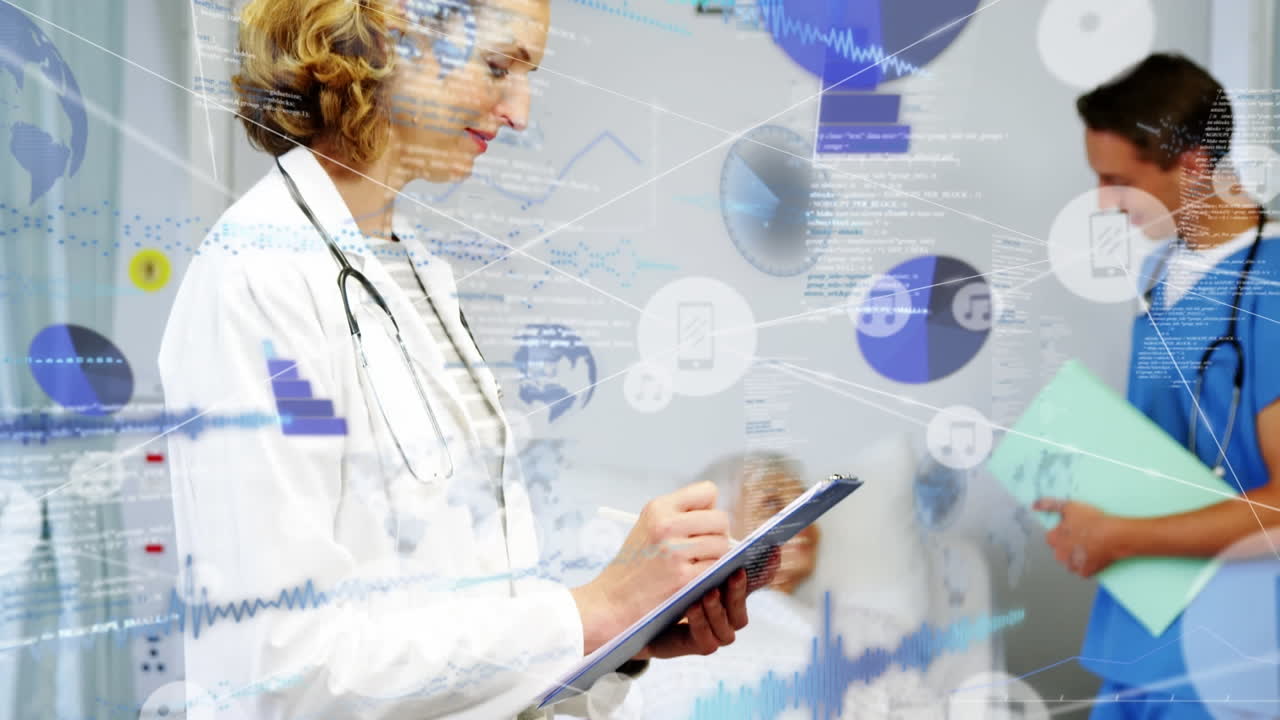 animación de la red de conexiones con procesamiento de datos sobre diversos médicos y pacientes.