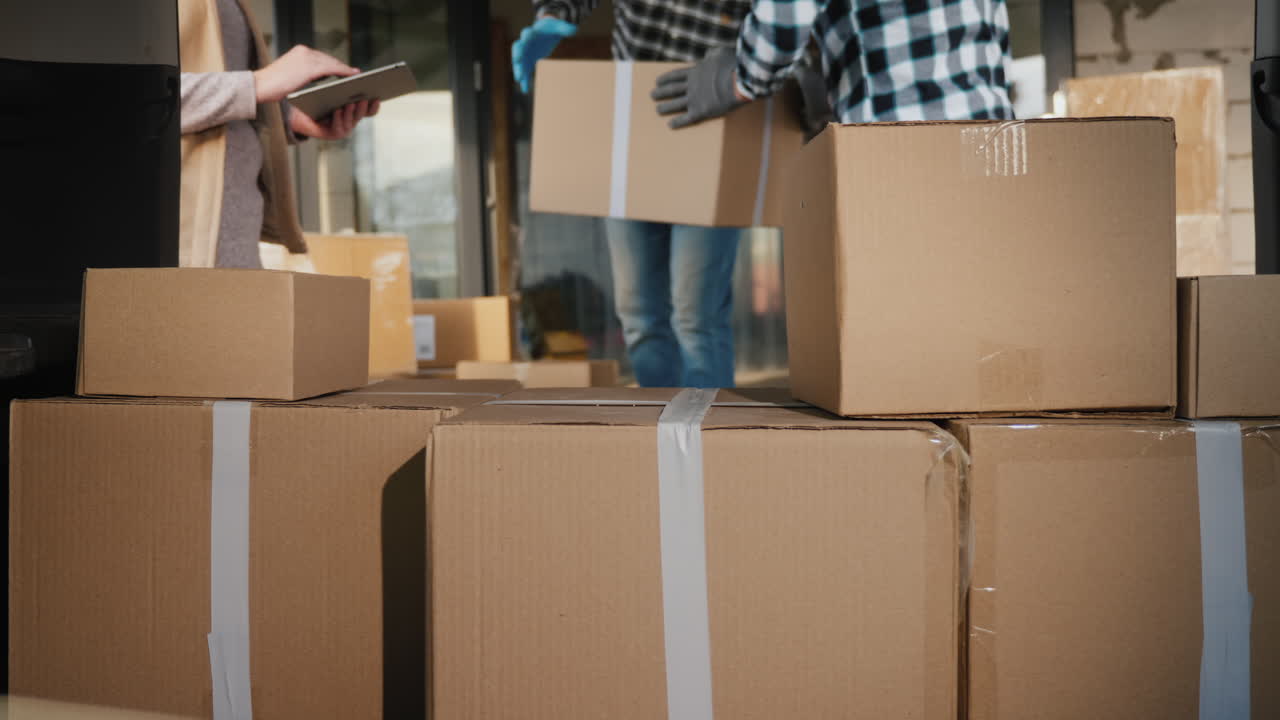 repartidores cargan cajas en el maletero de un coche