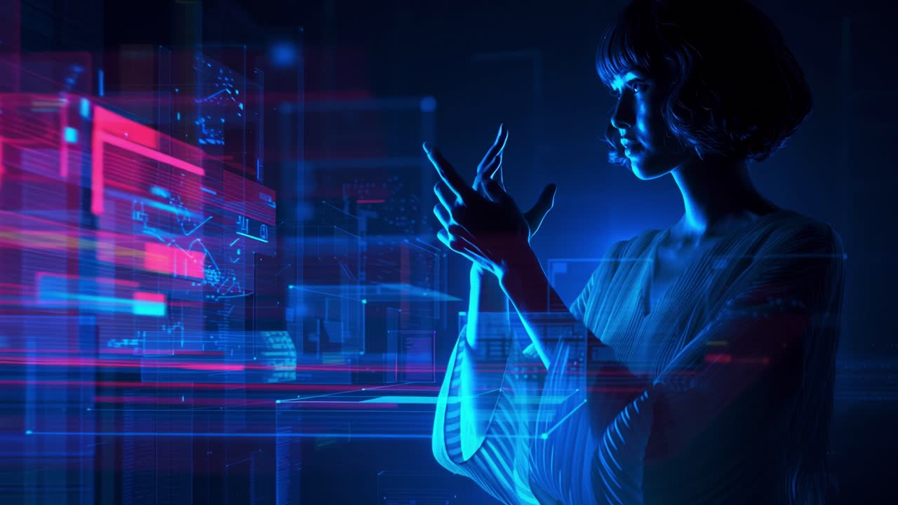 A mesmerizing blend of technology and human interaction captures a woman as she engages with virtual data, illuminated by vibrant blue and pink lights, exploring digital possibilities