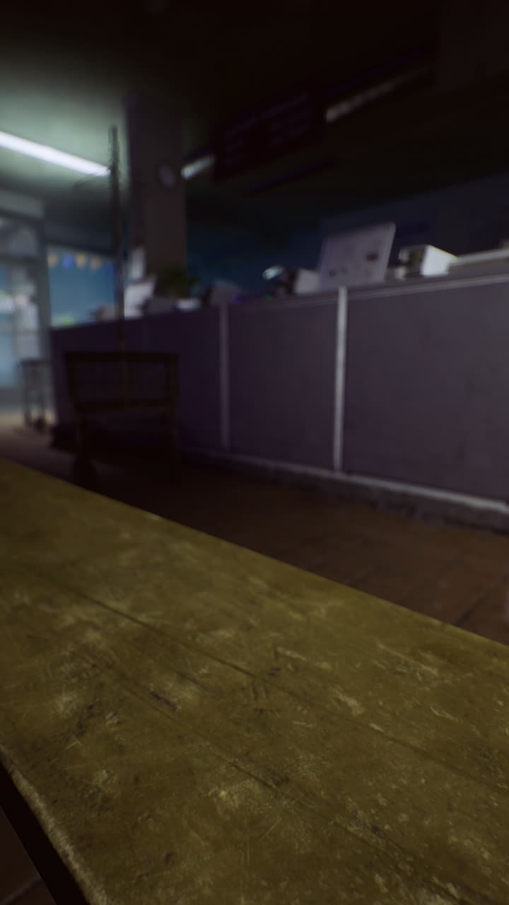 Empty cafe interior with dim lighting and scattered tables in evening hours