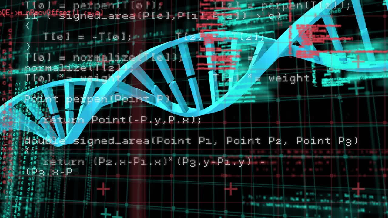 Animation of dna strand and data processing over black background