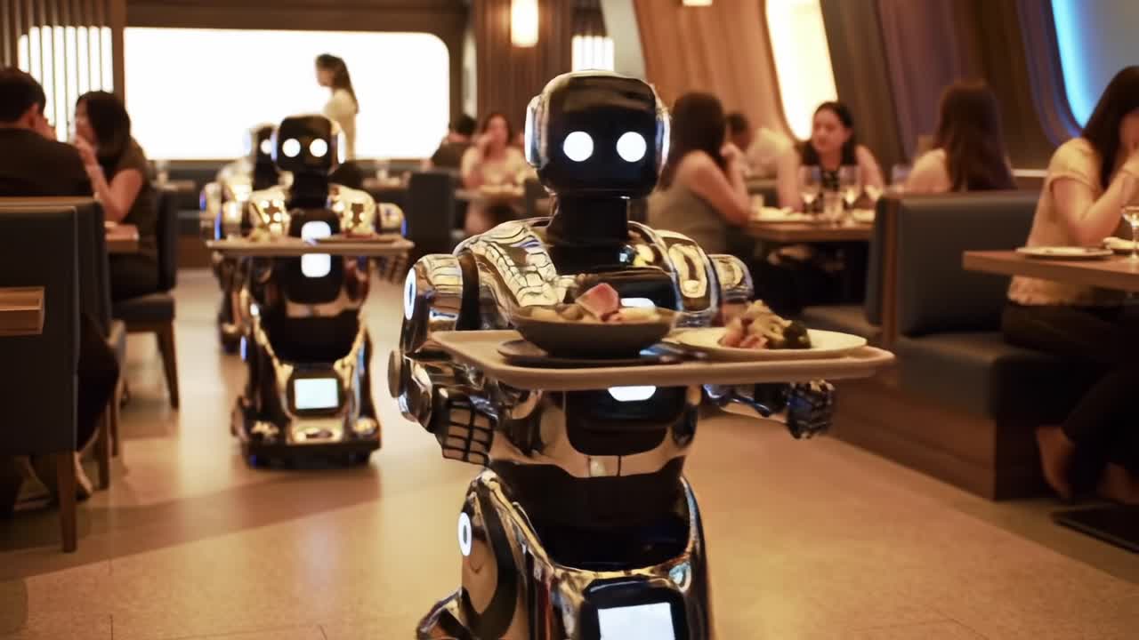 A Futuristic Dining Experience: Robot Waiters Serve Guests in a Modern Restaurant Setting, Showcasing Advanced Technology and Innovative Cuisine Interaction