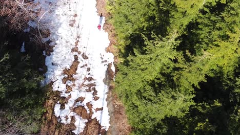 Hombre-Caminando-En-La-Nieve-Por-Un-Camino-Forestal-En-La-Isla-De-Vancouver,-Canadá