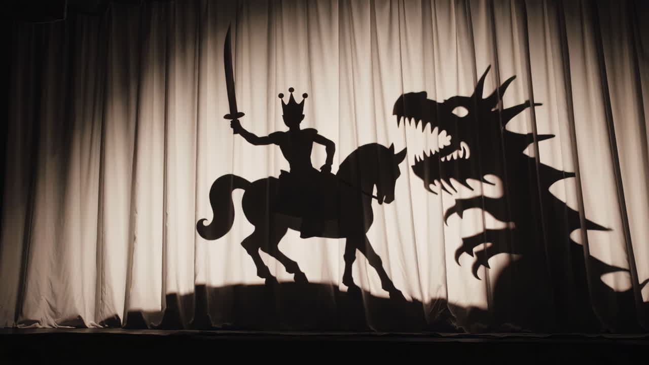 Shadow puppet show of a knight on horseback fighting a dragon