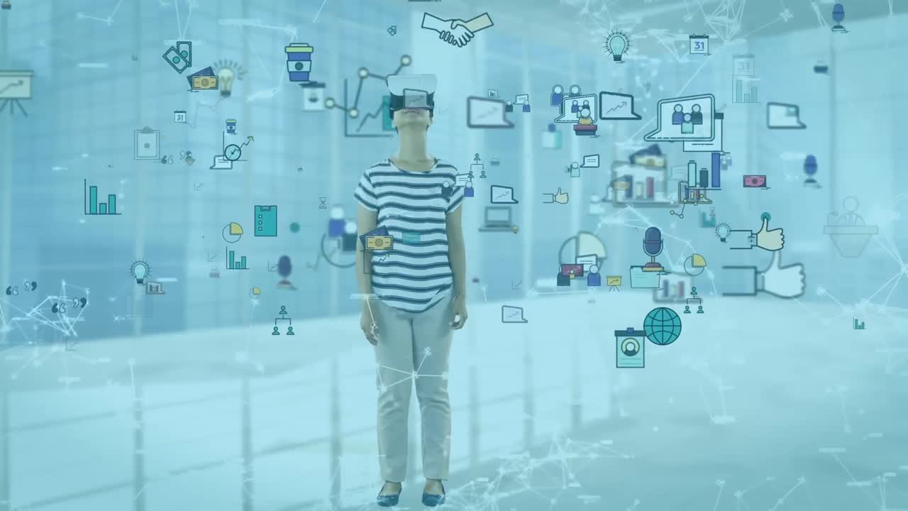 사회적 아이콘 위에 vr 헤드 ⁇ 을 착용한 백인 여성의 애니메이션