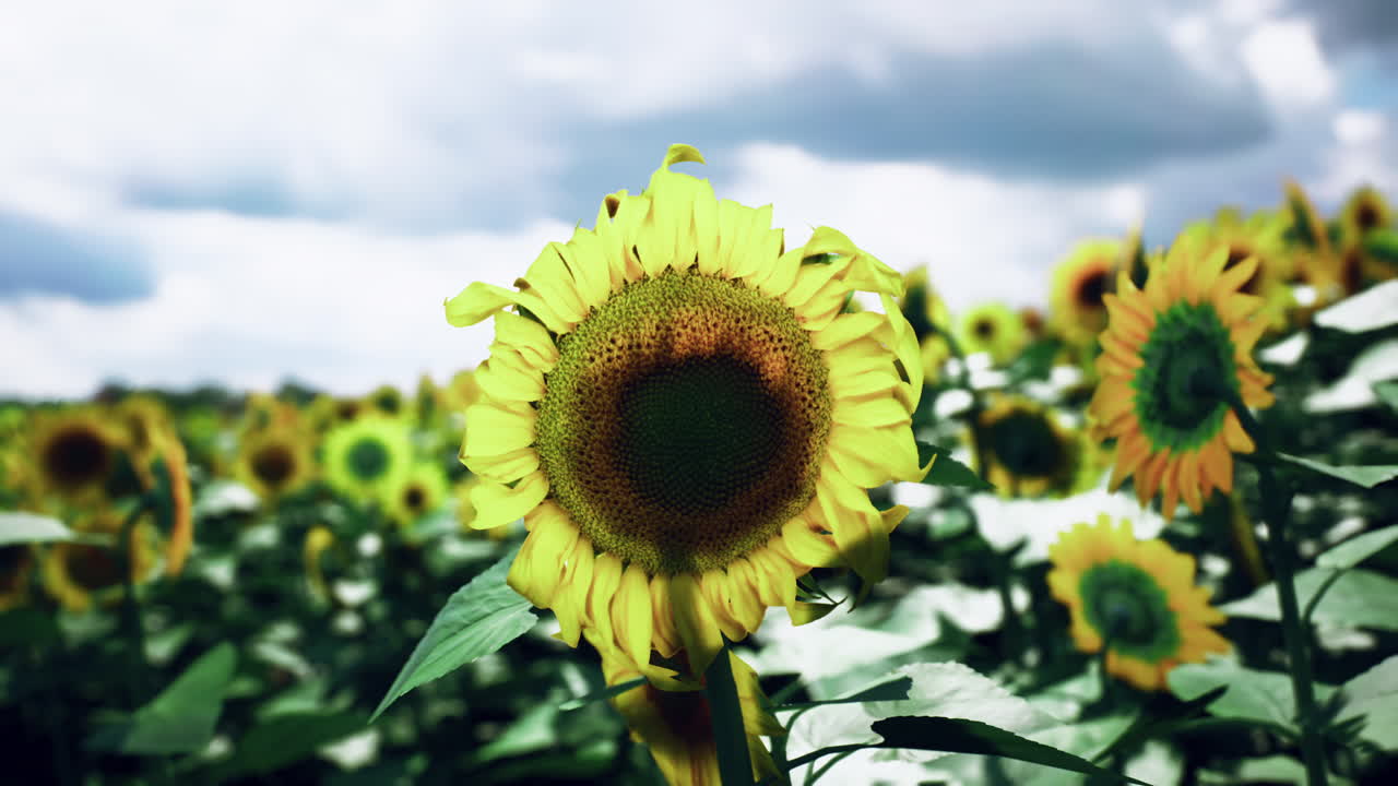 여름날 구름이 가득한 하늘 아래의 활기찬 해바라기 들판