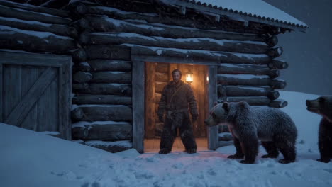 man and bears in a winter cabin