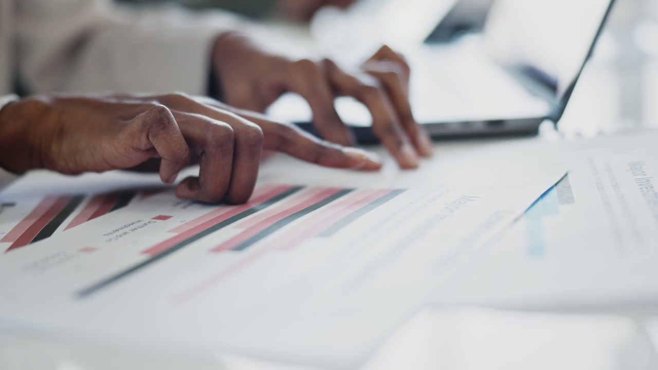 Documents, laptop and hands of person doing data