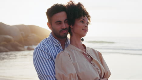 love, hug and couple at beach sunset for travel