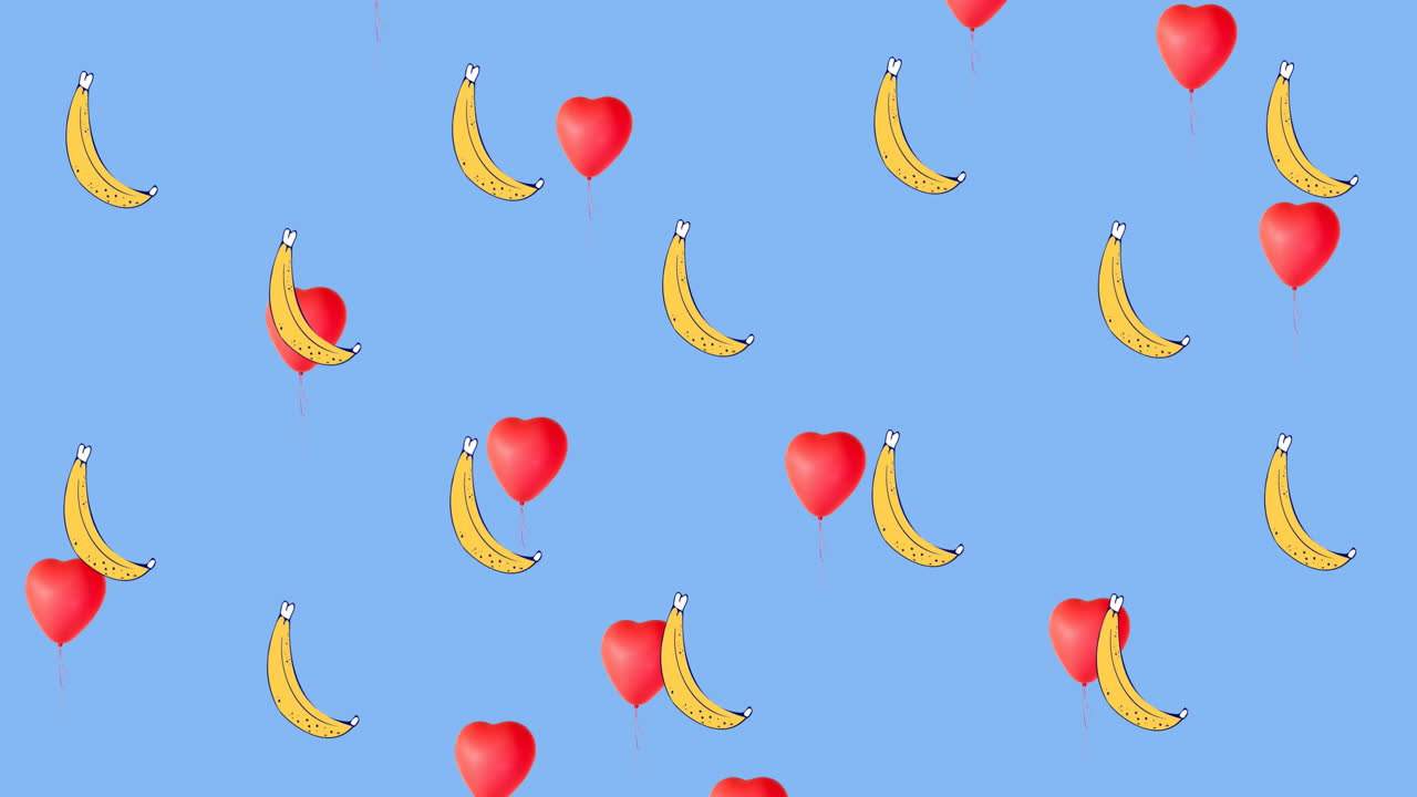 파란색 배경 에 반복 된 바나나 와 심장 의 애니메이션