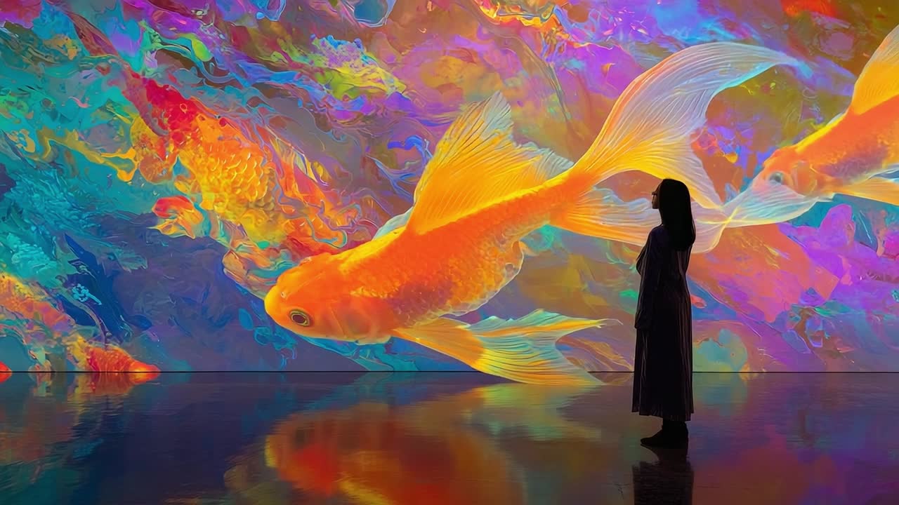 カラフルなデジタルアート展で、アニメーションの金魚に見入る人物。