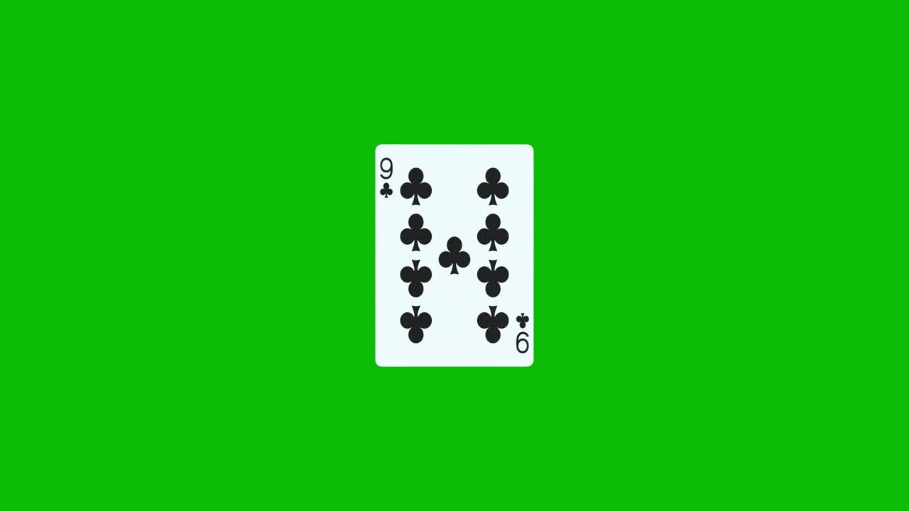 La carta da poker nove di fiori gira e si rivela su schermo verde, animazione 3D. Puoi modificare la durata della clip per controllare l'effetto di rivelazione