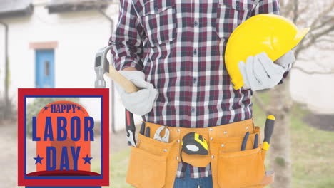 animation of labor day text over caucasian male worker with tools