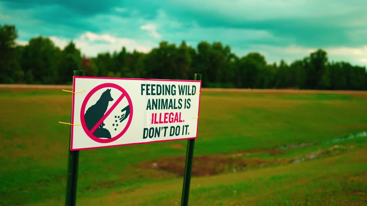 “Feeding Wild Animals Is Illegal” warning sign on green grass under dramatic cloudy sky