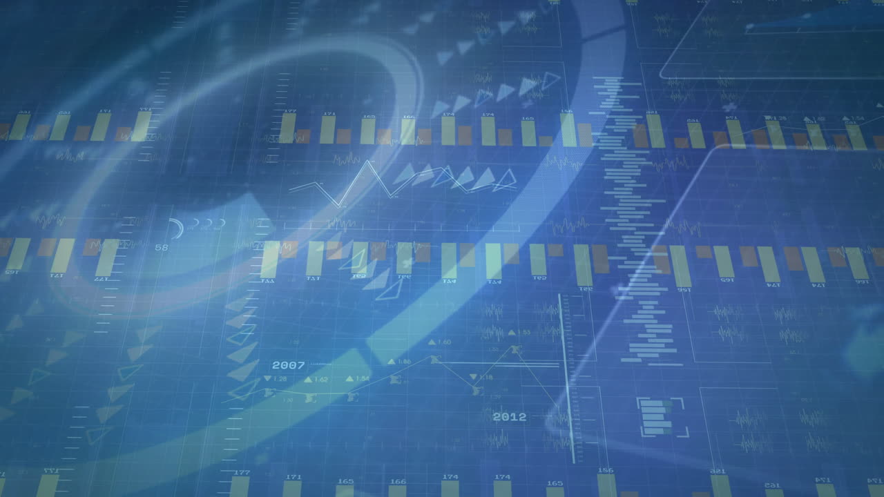 파란색 디지털 배경에 대한 금융 데이터 차트 및 그래프 애니메이션