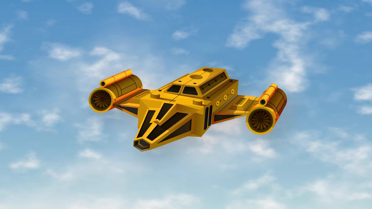 Animated yellow spacecraft hovers steadily against a bright blue sky with soft white clouds.