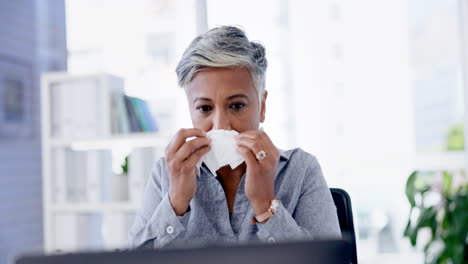 sick, tissue and woman sneezing in the office