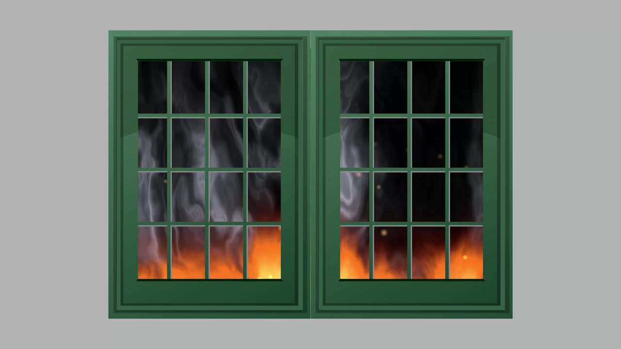 Realistic fire flames and swirling smoke rise behind a green window on a gray background.