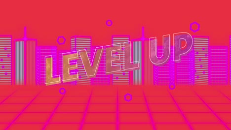 Animation-of-level-up-text-over-city-and-shapes