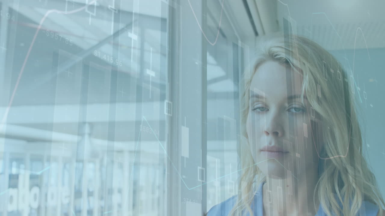 animación del procesamiento de datos estadísticos sobre una mujer caucásica mirando por la ventana en la oficina