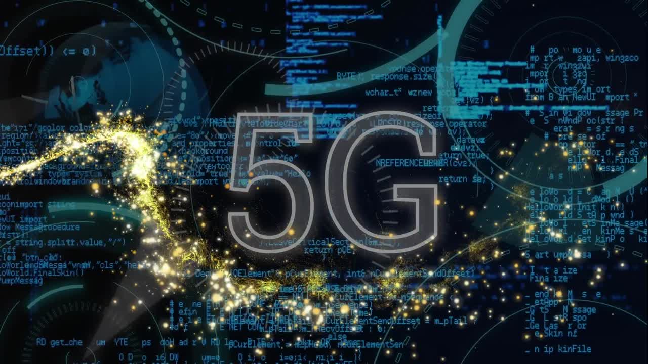 animazione di punti di luce superiori a 5g e elaborazione dei dati su sfondo nero
