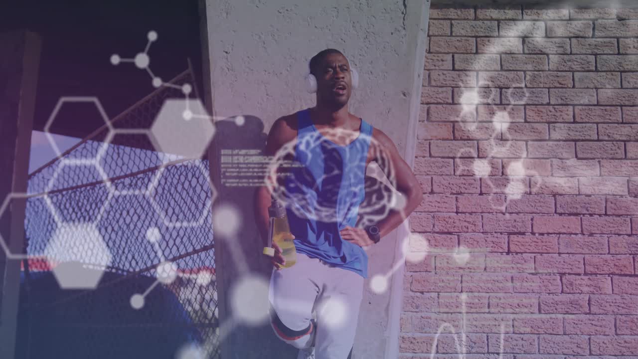 animación del procesamiento de datos sobre un hombre afroamericano con auriculares al aire libre