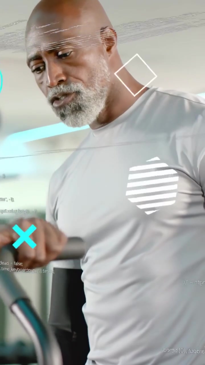 Vertical video: Senior male gripping handle, tapping console for workout, teal hexagons sweeping