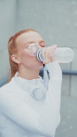 a focused athlete enjoys a refreshing break while training, emphasizing hydration and relaxation with a water bottle and headphones