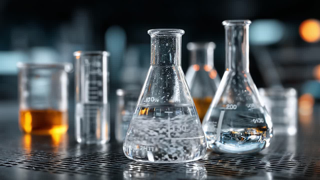 Un'esplorazione coinvolgente di vetreria da laboratorio con liquidi trasparenti e colorati in un ambiente scientifico