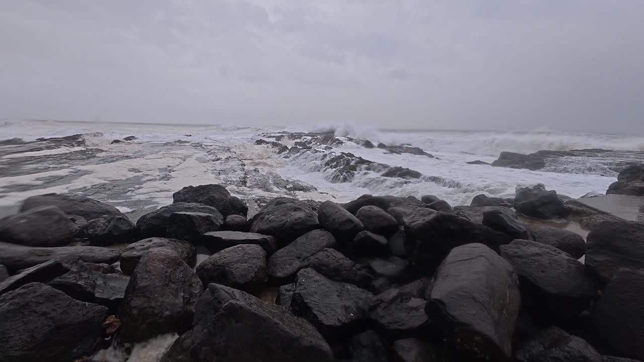 Snapper Rocks During Tropical Cyclone Alfred In Gold Coast, Queensland, Australia. panning shot