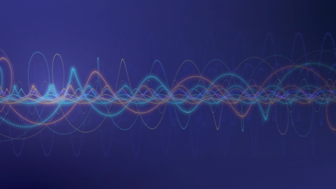 파란색 배경 위에서 움직이는 다채로운 모양의 애니메이션