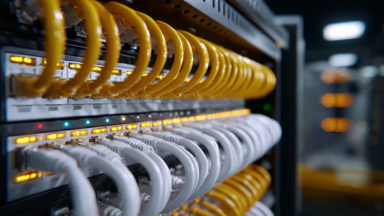 Close-up View of Network Cables in a Data Center Rack, Highlighting the Colors and Structure of Ethernet Connections for Efficient Data Transfer