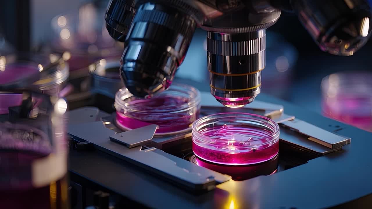 Laboratory microscope examining petri dishes with purple substance