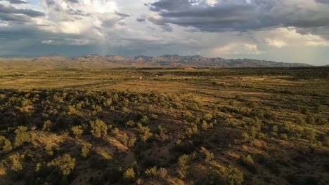 aerial view, drone flying over bushes in desert at sunset, mountains and large storm clouds in the background, golden hour