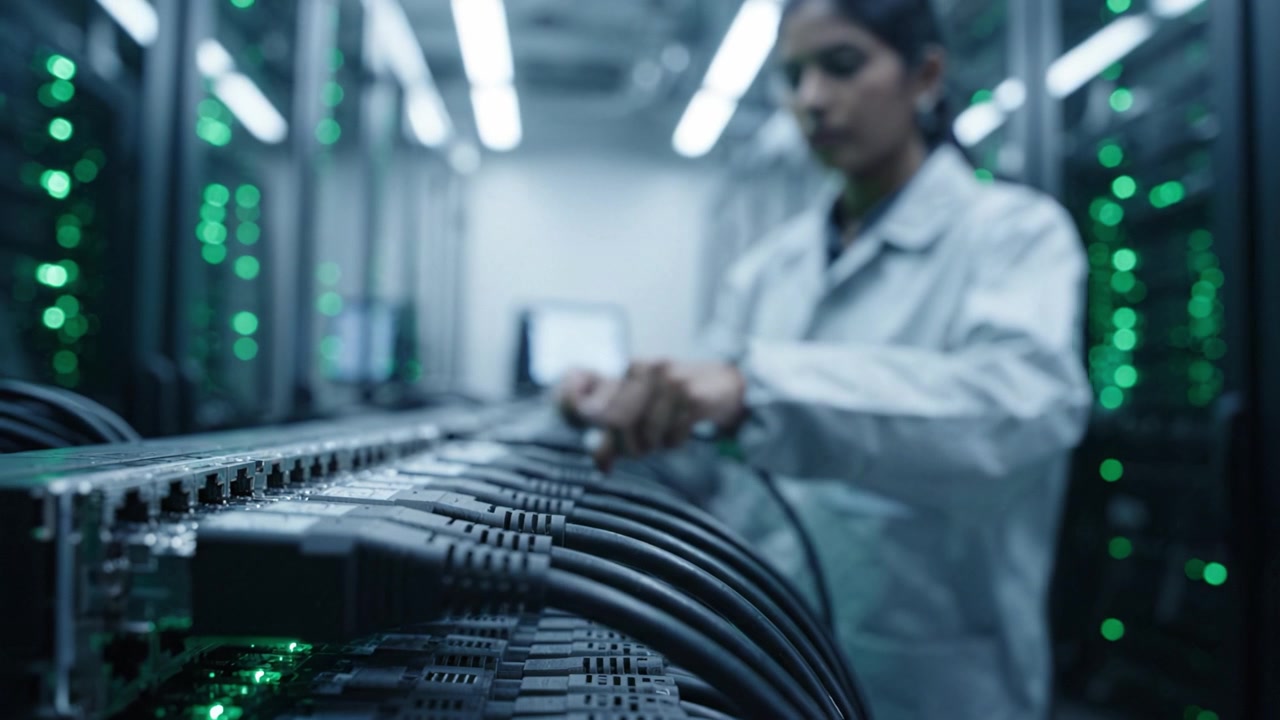 Technician Working in Data Center Connecting Equipment and Managing Network Cables, Illuminated Servers in Background, Focus on Connectivity and Infrastructure