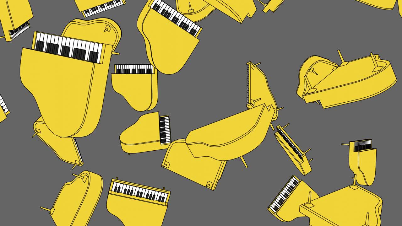 회색 바탕에 많은 노란색 피아노가 있습니다.